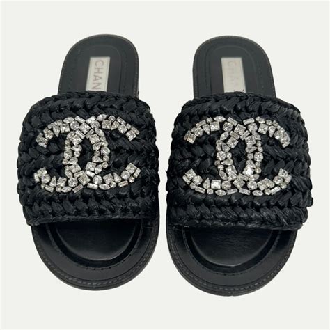 CHANEL Raffia Crystal CC Mules Sandals 36 Black.